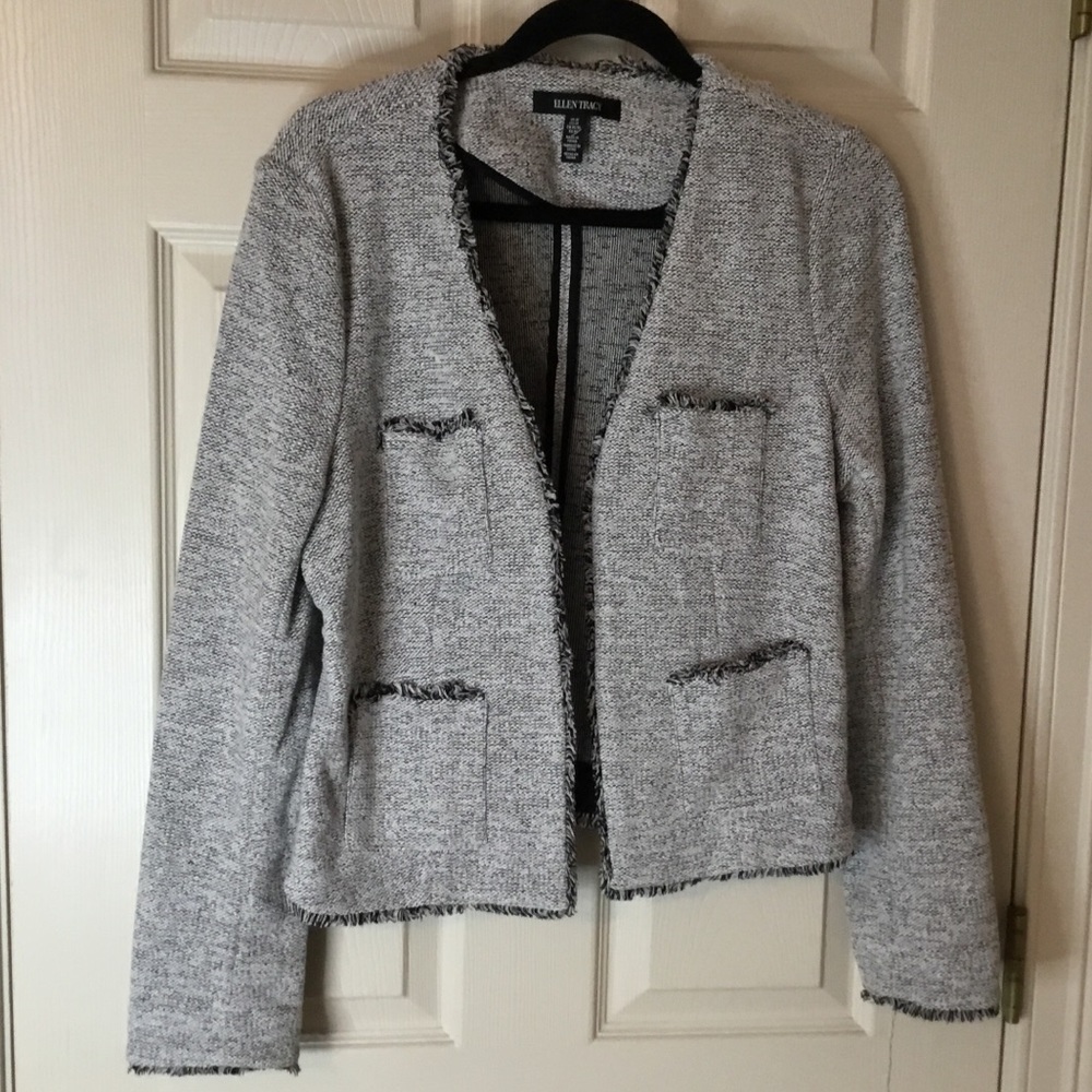 Ellen Tracy Gray & Black Fringe Boucle4 Pocket Jacket - Size M